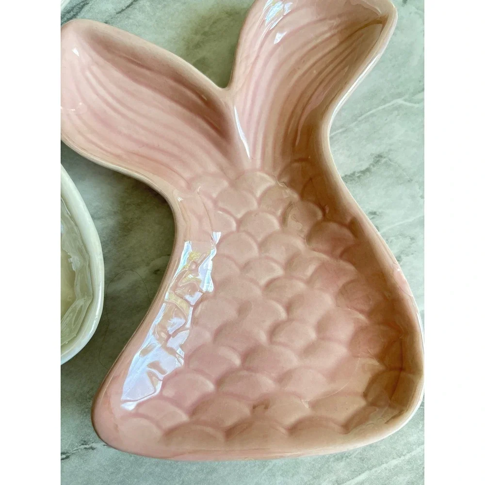 Greenbrier Mermaid Tail Trinket Dish Set OS Pink White Excellent Coastal Decor